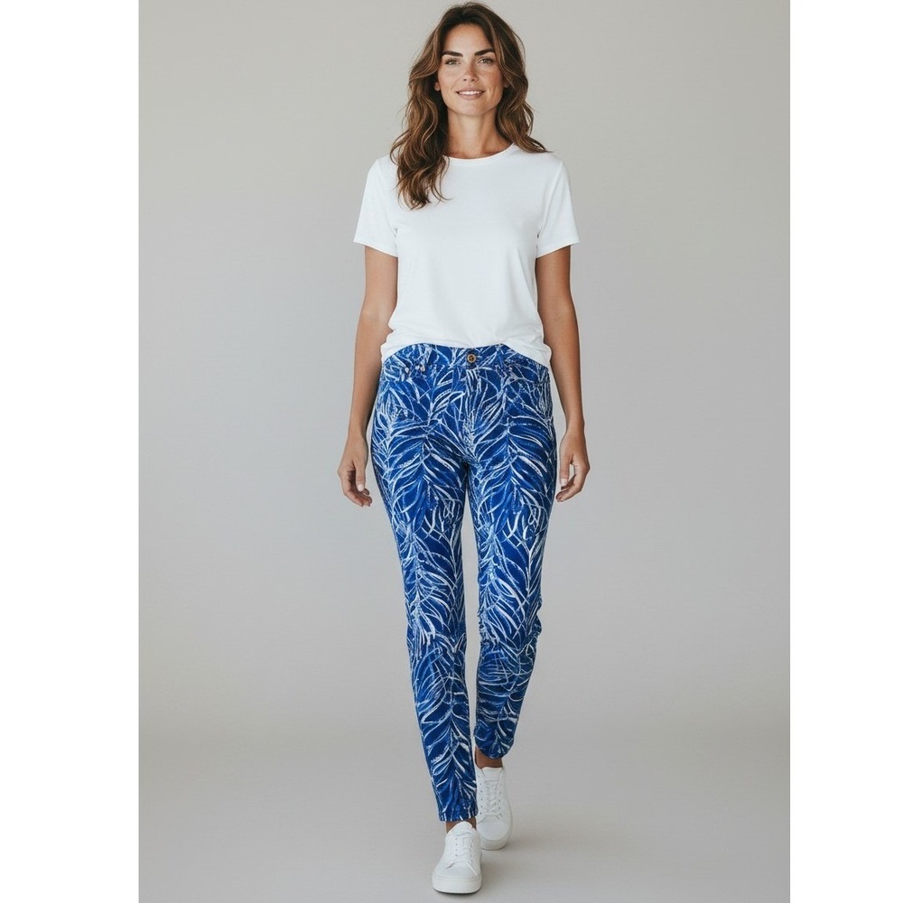 Lilly Pulitzer South Ocean Blue White Palm Leaf Tropical Print Pants - Size 6